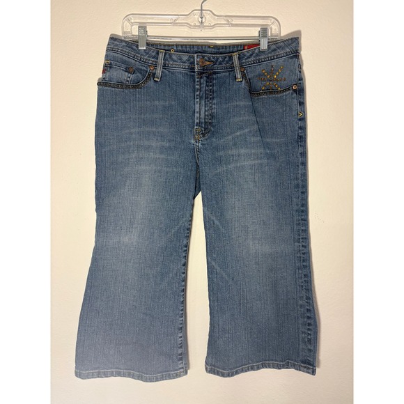 Seven7 Denim - Seven7 Studded Cropped Jeans Womens 14 Medium Wash Rhinestone Wide Leg Y2K